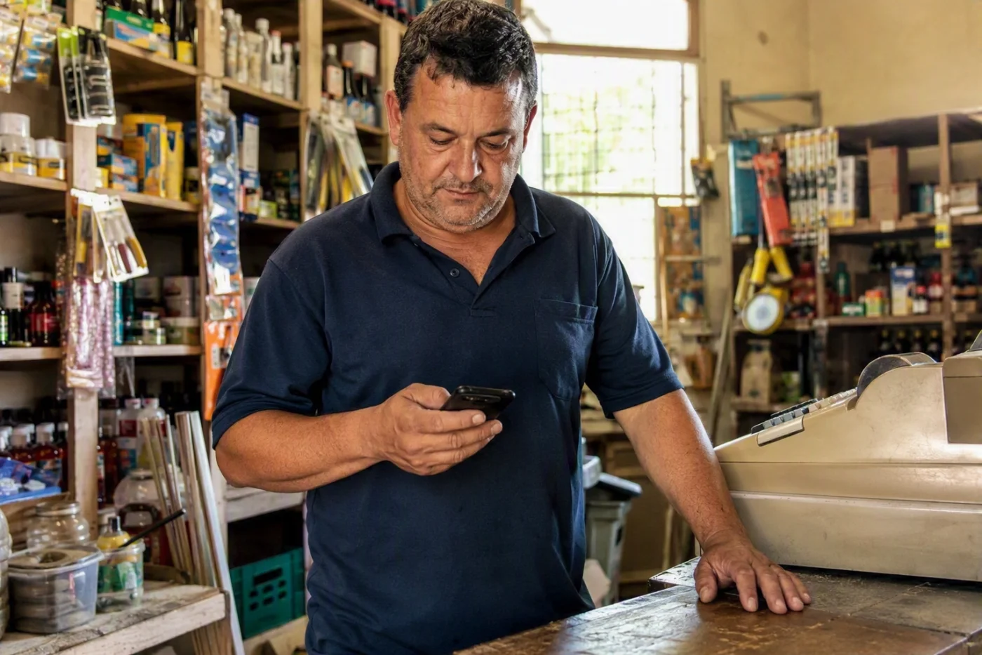 Dueño de un comercio revisando los pedidos de su tienda en el celular.