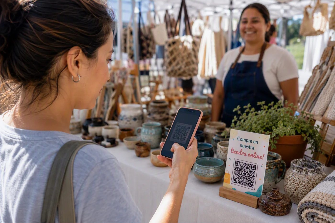 Una clienta escanea con su celular el código QR de una tienda Vidriera.